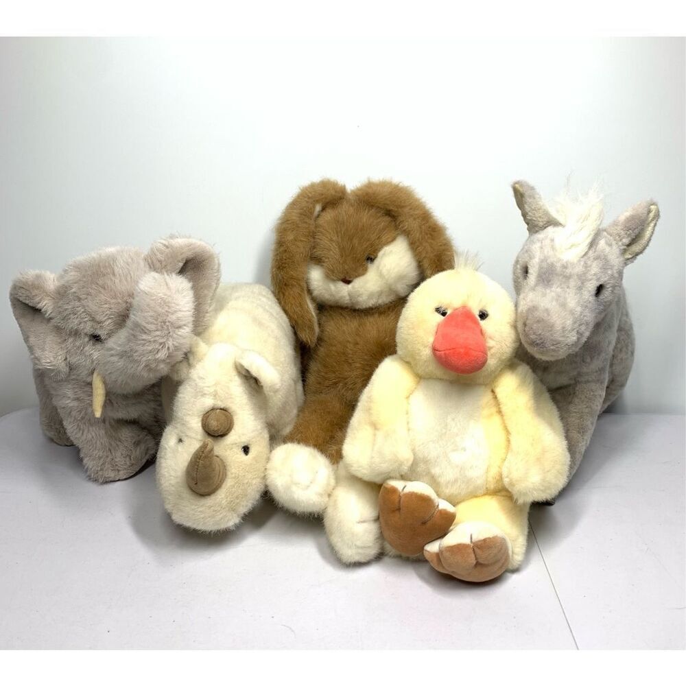 Gund Plush Stuffed Animal Zoo ~ Elephant Horse Rhino Duck Hare Set 5 VINTAGE
